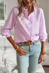 Pink Frenchy Striped Ruffle Trim Button Top - ALL SALES FINAL