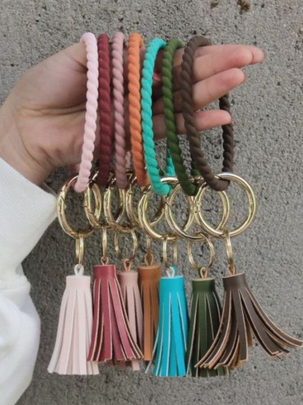 Twisted Silicone Key Ring with Tassel - Various Colors