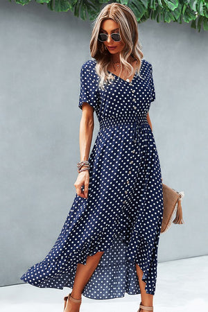 Navy V Neck Polka Dot Short Sleeve Dress - ALL SALES FINAL