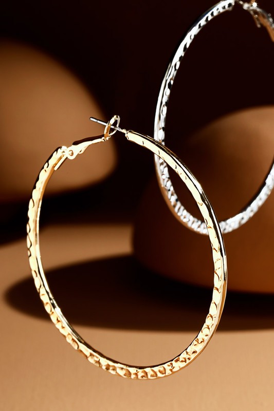 Textured Hammered Metal Hoop Earrings in Gold or Silver