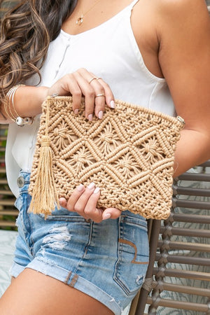 Khaki Macrame Tassel Clutch