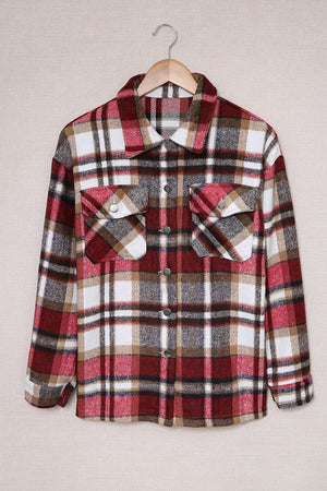 Red Geometric Plaid Print Pocketed Shirt Shacket