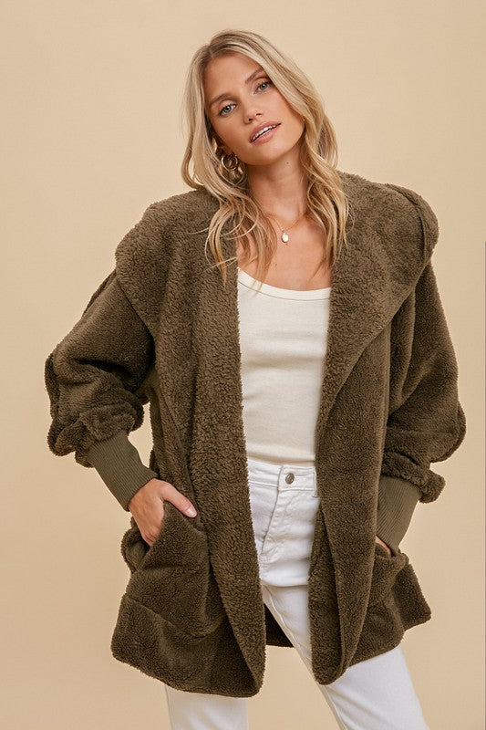 Olive Faux Fur So Soft Plush Hooded Jacket with Pockets - ALL SALES FINAL