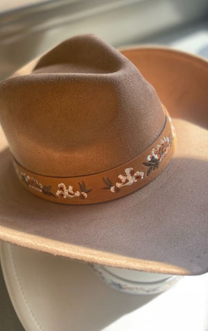 Flower Pattern Strap Cowboy Hat - Black, Cream or Tan