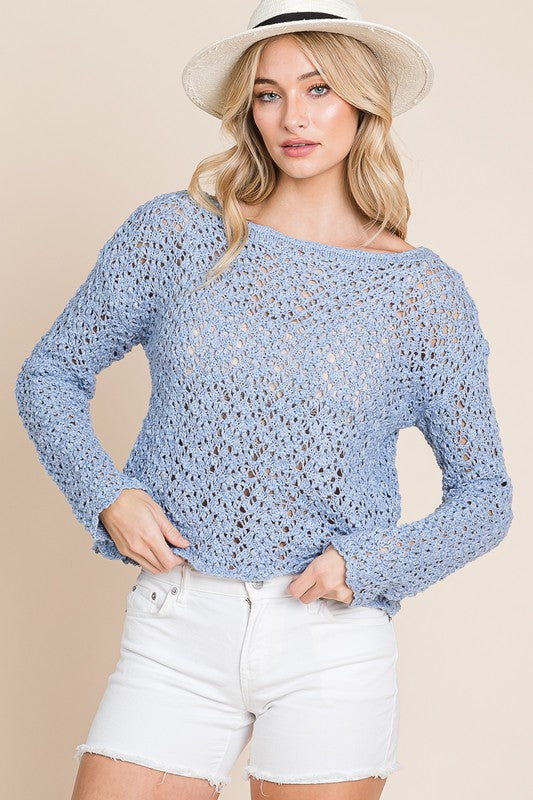 Sky Blue Sheer Cropped Sweater Top - ALL SALES FINAL