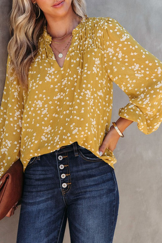 Yellow Fall Printed Crinkled Split Neck Blouse