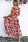 Red Floral Print Frilled V Neck Maxi Dress