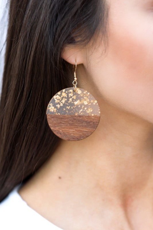 Gold Fleck Resin Wood Earrings Circle or Tear Drop Style