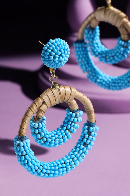 Rattan & Sead Bead Hoop Earrings in Blue & Ivory