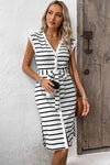 Black and White Stripe Button Slit Tie V-Neck Midi Dress - ALL SALES FINAL