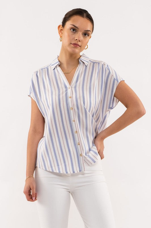 Blue Striped Short Sleeve Button Up - ALL SALES FINAL