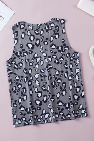 Grey Leopard Print Crew Neck Tank Top - ALL SALES FINAL