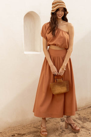 Dusty Apricot Elastic Solid Midi Skirt - ALL SALES FINAL
