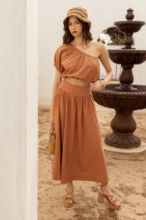 Dusty Apricot Elastic Solid Midi Skirt - ALL SALES FINAL