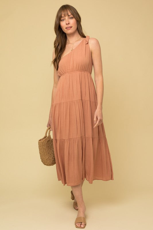 Terracotta Sleeveless One Shoulder Tie Tiered Dress