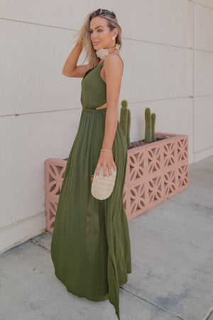 Olive Maxi Dress with Open Back