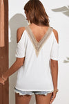 White Contrast Hollow Lace Cold Shoulder Tee - ALL SALES FINAL