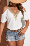White Contrast Hollow Lace Cold Shoulder Tee - ALL SALES FINAL