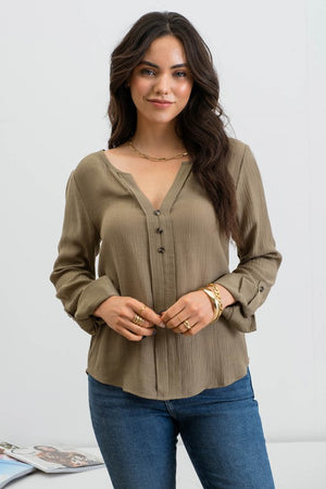 Olive Split Neck Roll Tab Sleeve Woven Top