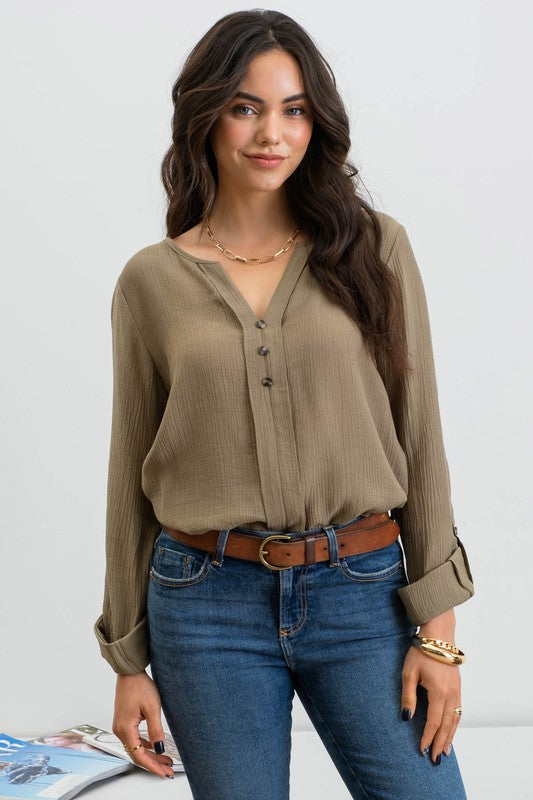 Olive Split Neck Roll Tab Sleeve Woven Top - ALL SALES FINAL