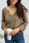 Olive Split Neck Roll Tab Sleeve Woven Top