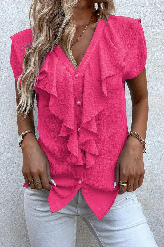Hot Pink Solid Ruffle Trim Blouse - ALL SALES FINAL