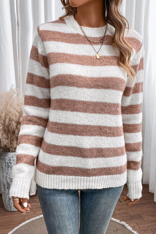 Striped Round Neck Casual Sweater - ALL SALES FINAL