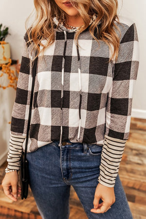 Plaid Stripe Drawstring Hooded Long Sleeve Top
