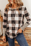 Plaid Stripe Drawstring Hooded Long Sleeve Top