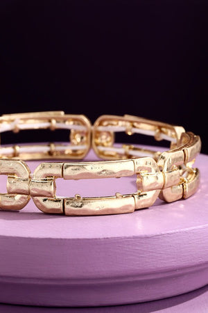 Gold Hammered Metal Oval Link Stretch Bracelet