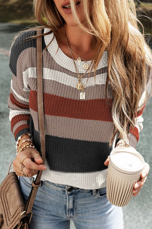 Ribbed Round Neck Color Block Knitted Sweater in Brown OR Red - ALL SALES FINAL