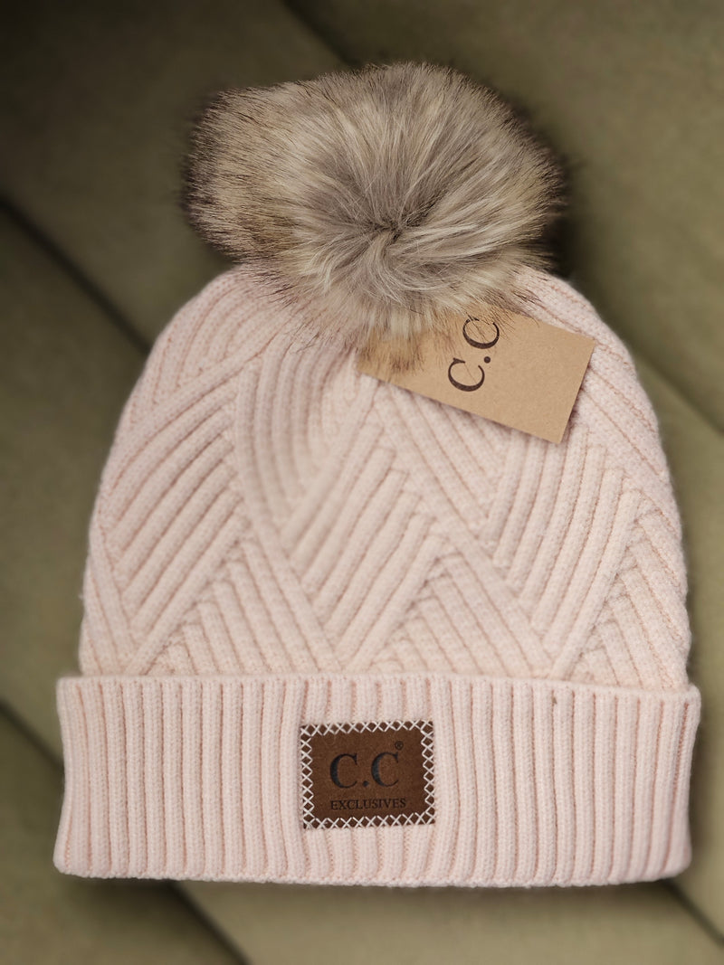 C.C Beanie Pom Hat in Diagonal Stripes Criss Cross Pattern - Light Beige or Warm Grey