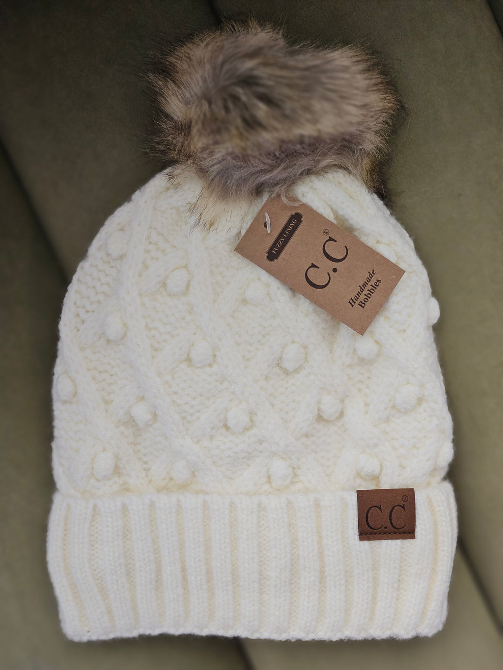 C.C. Bobble Beanie Hat in Ivory