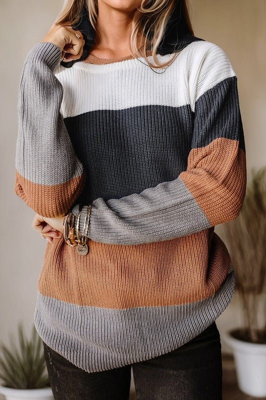 Chestnut Color Block Knitted Pullover Sweater - ALL SALES FINAL