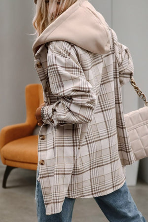 Khaki Plaid Removable Hood Buttoned Shacket
