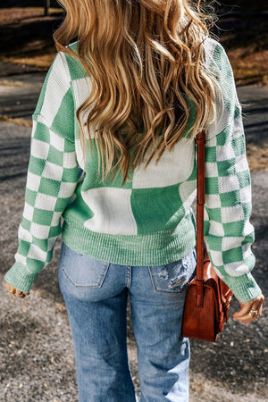 Green Plaid Knit Round Neck Drop Shoulder Sweater