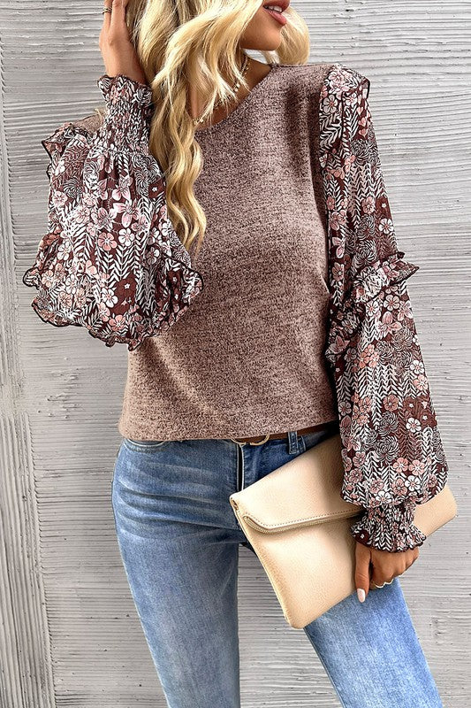 Ruffle Tiered Floral Sleeve Crew Neck Blouse - ALL SALES FINAL
