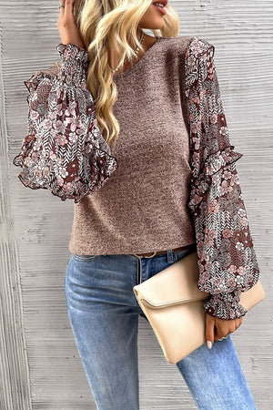 Ruffle Tiered Floral Sleeve Crew Neck Blouse