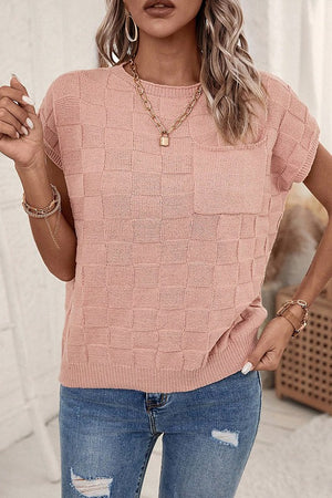 Pink Lattice Textured Knit Short Baggy Sleeved Sweater