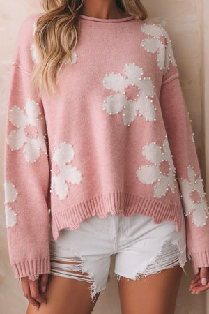 Pink Pearl Beaded Floral Drop Shoulder Sweater