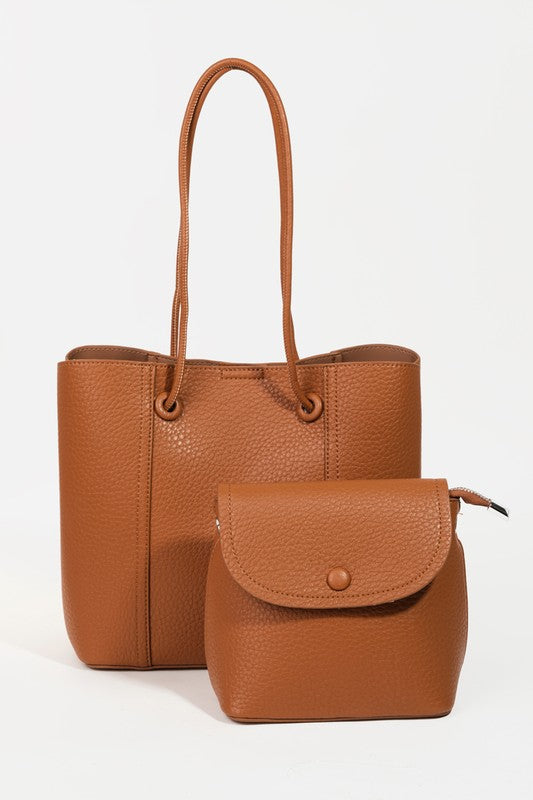 Tan Textured Faux Leather Drawstring Bag