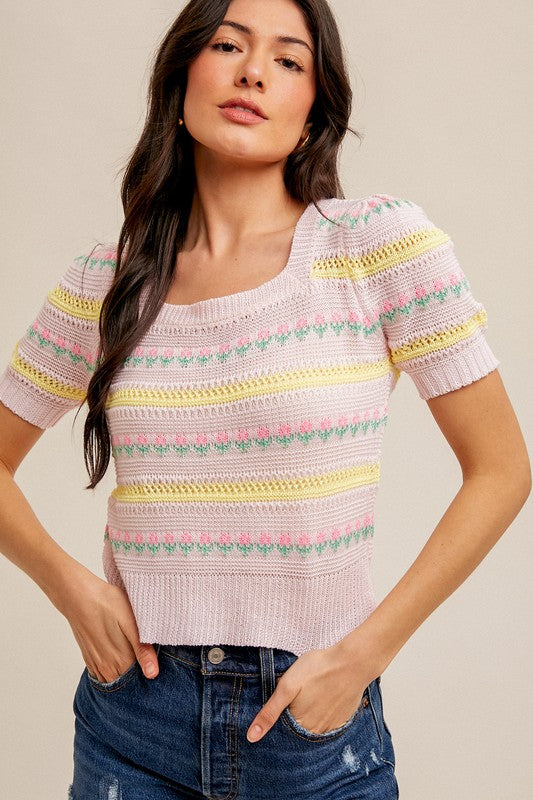 Pink Square Neck Flower Detail Pointelle Knit Sweater