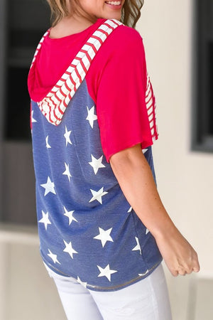 Stars and Stripes Print Drawstring Hooded T Shirt