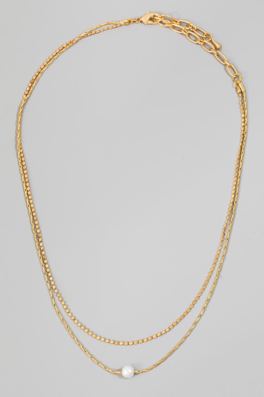 Gold Pearl Bead Charm Layered Chain Necklace