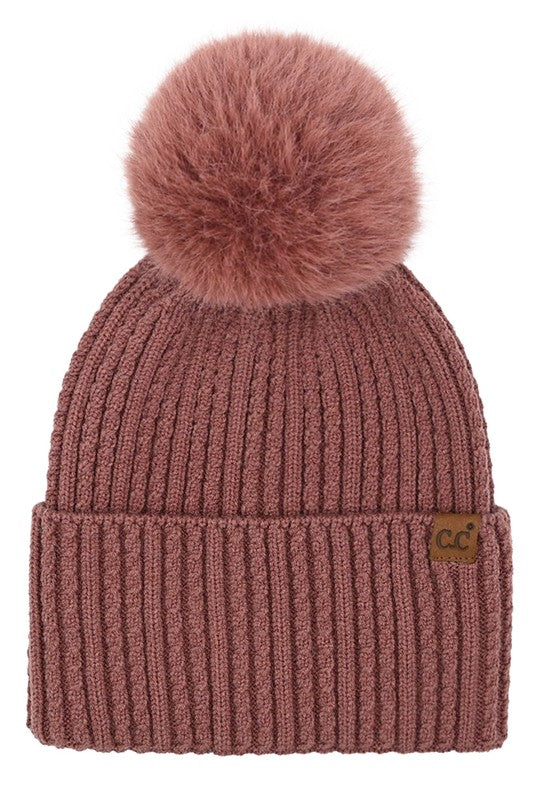 C.C. Cable Knit Beanie with Knitted Cuff and Pom in Coco Berry