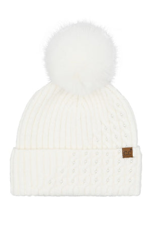 C.C Cable Pom With Pearl Embellishments Beanie