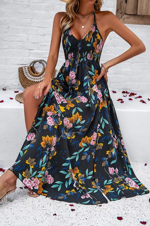 Floral Back Knot Sleeveless Ruched Side Open Dress in Black or Blue