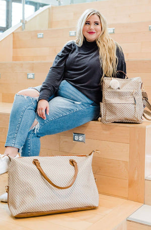 Olivia Weekender Travel Bag: Beige + Burgundy Oval