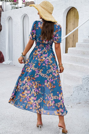 Blue Floral Print High Waist Band Fit Lined Dress