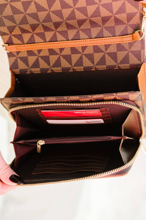 Clara Clutch and Wallet Crossbody Handbag: Brown Pinwheel + Camel